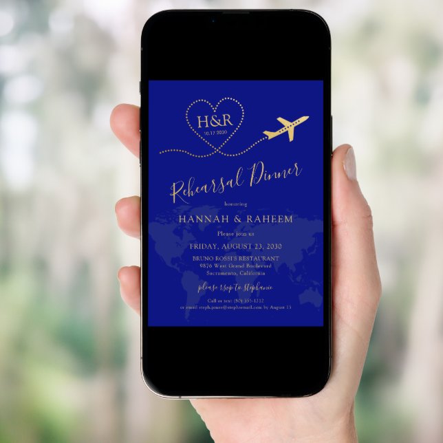 Blue Gold Travel Theme Rehearsal Dinner Invitation (Front Digital)