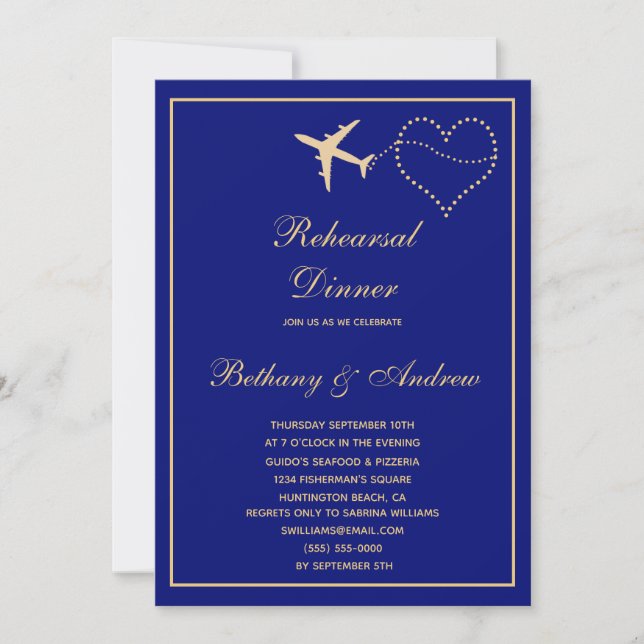 Blue Gold Travel Wedding Rehearsal Dinner Invitation (Front)