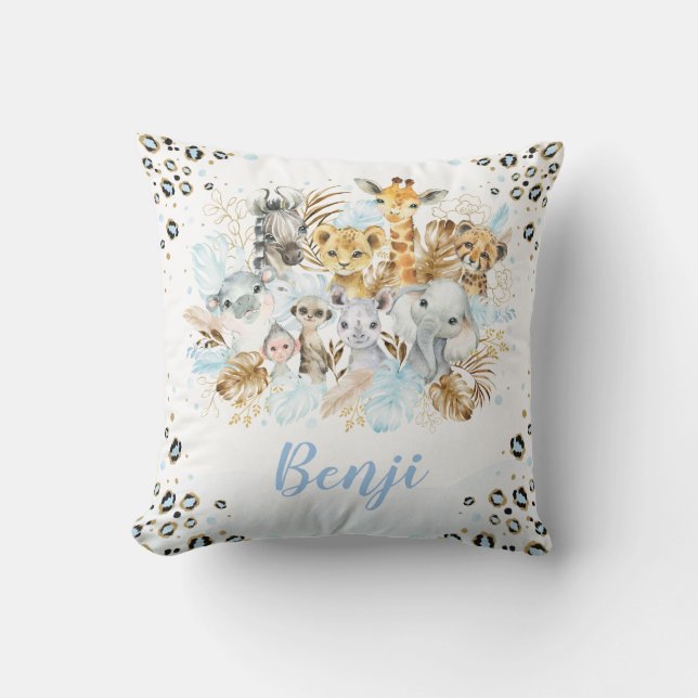 Blue Gold Tropical Jungle Safari Animals Nursery Throw Pillow (Front)