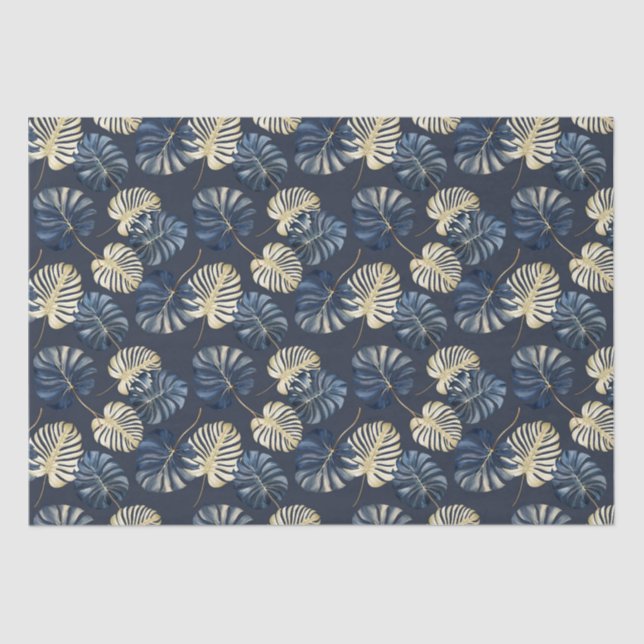 Blue Gold Tropical Leaves Tissue Paper (Front)