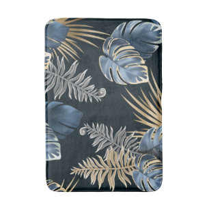 Blue Gold Tropical Palm Leaves Pattern Art Bath Mat