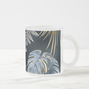 Blue Gold Tropical Palm Leaves Pattern Art Frosted Glass Coffee Mug