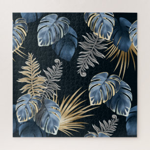 Blue Gold Tropical Palm Leaves Pattern Art Jigsaw Puzzle