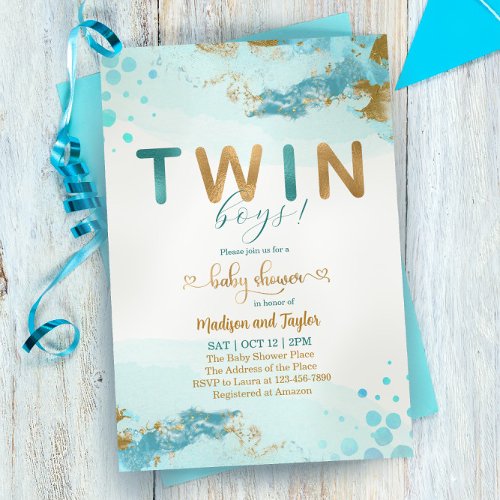 Blue Gold Twin Boy Baby Shower Invitation