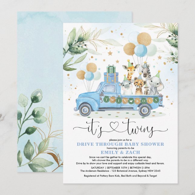 Blue Gold Twin Boys Jungle Drive Thru Baby Shower Invitation (Front/Back)