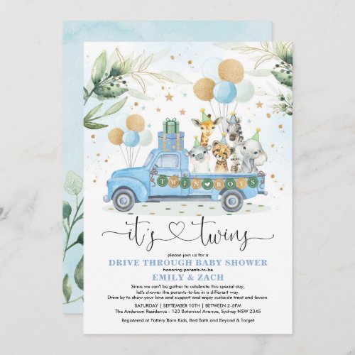 Blue Gold Twin Boys Jungle Drive Thru Baby Shower Invitation