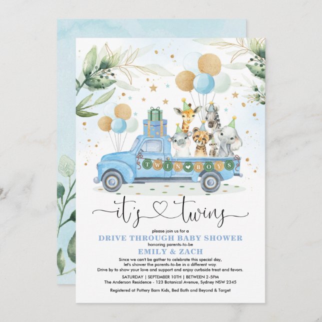 Blue Gold Twin Boys Jungle Drive Thru Baby Shower Invitation (Front/Back)
