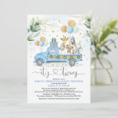 Blue Gold Twin Boys Jungle Drive Thru Baby Shower Invitation (Standing Front)
