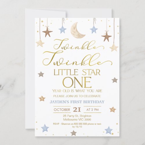 Blue Gold Twinkle Little Star Photo Birthday Invitation