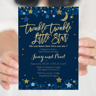 Blue Gold Twinkle Twinkle Little Star Baby Shower Invitation