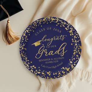 Blue Gold Twins Double Graduation Paper Plates
