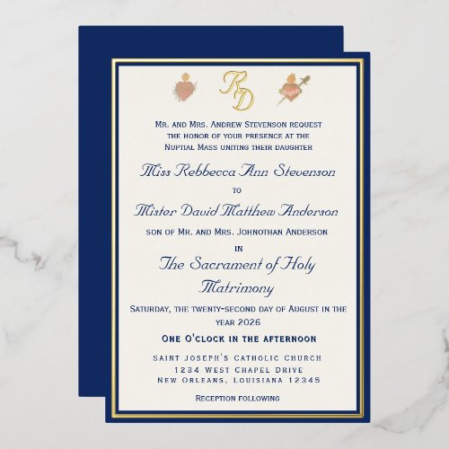 Blue & Gold Two Hearts Catholic Wedding Invitation Foil Invitation
