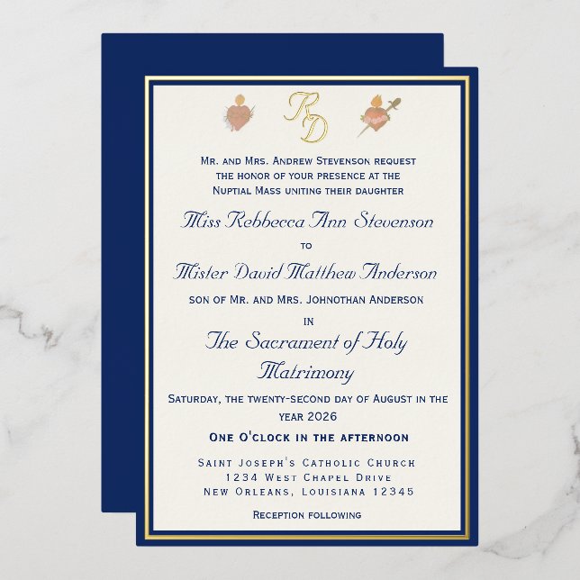Blue & Gold Two Hearts Catholic Wedding Invitation Foil Invitation (Front/Back)