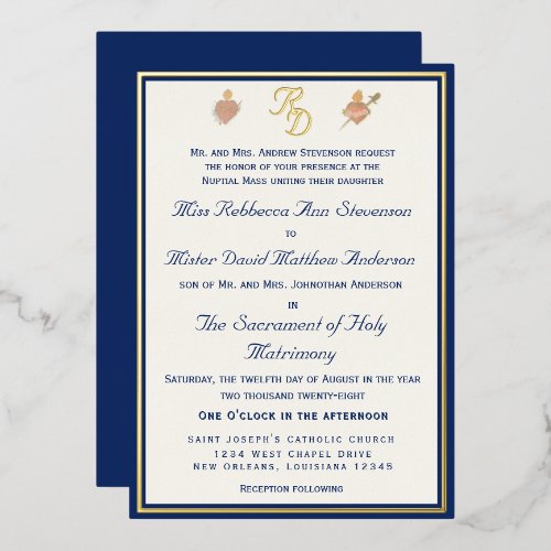 Blue & Gold Two Hearts Catholic Wedding Invitation Foil Invitation