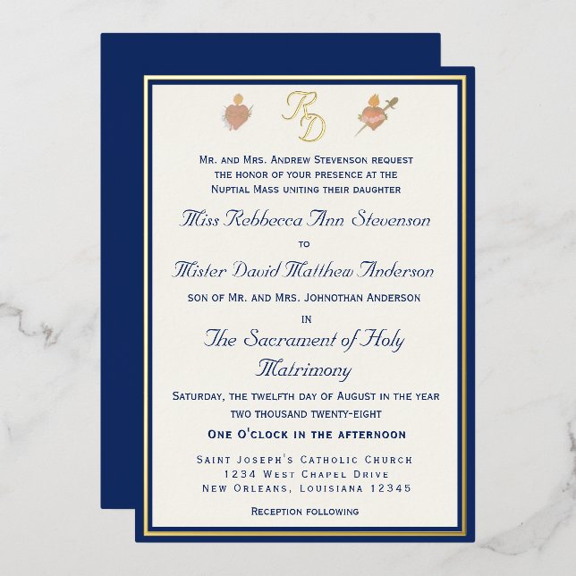 Blue & Gold Two Hearts Catholic Wedding Invitation Foil Invitation (Front/Back)