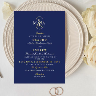 Blue Gold Typography Ampersand Monogram Wedding Foil Invitation