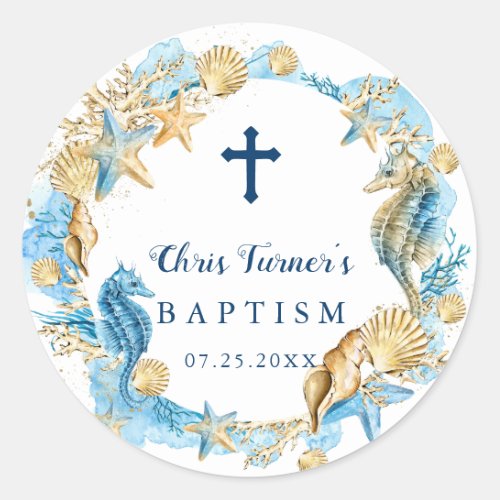 Blue  Gold Under the Sea Baptism Classic Round Sticker