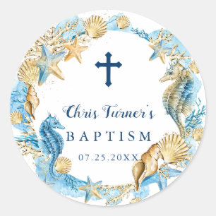 Blue & Gold Under the Sea Baptism Classic Round Sticker