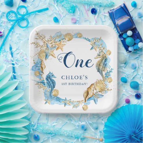 Blue  Gold Under the Sea Birthday Paper Plates