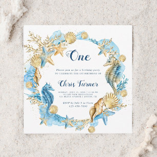 Blue & Gold Under the Sea Boy Birthday Square Invitation