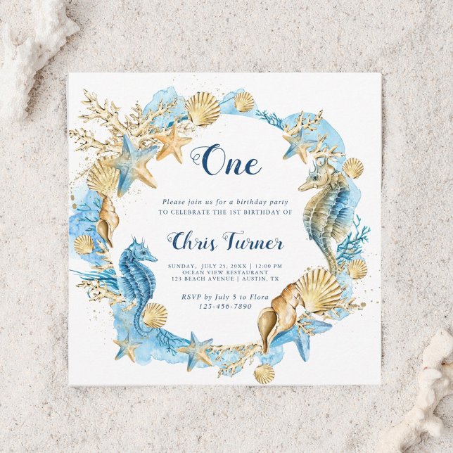 Blue & Gold Under the Sea Boy Birthday Square Invitation (Creator Uploaded)