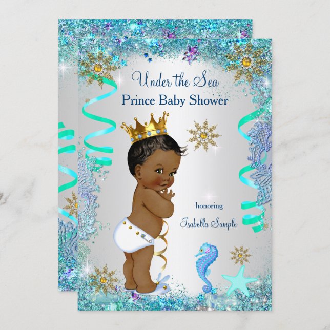 Blue Gold Under The Sea Prince Baby Shower Ethnic Invitation (Front/Back)