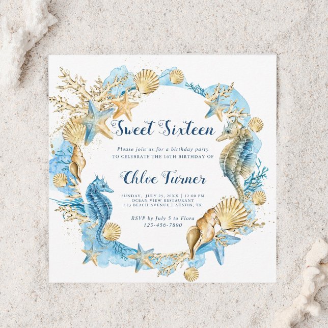 Blue & Gold Under the Sea Sweet Sixteen Birthday Invitation (Creator Uploaded)