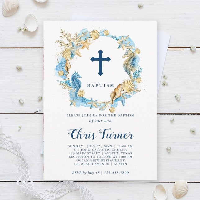 Blue & Gold Under the Sea Wreath Baptism Invitation (Creator Uploaded)