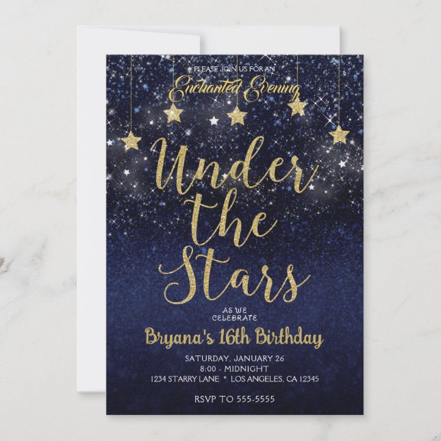 Blue Gold Under The Stars Starry Night Sweet 16  Invitation (Front)