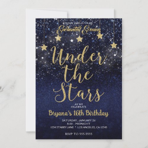 Blue Gold Under The Stars Starry Night Sweet 16  Invitation