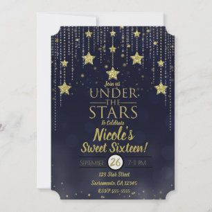 Blue & Gold Under The Stars Starry Sweet 16 Invitation