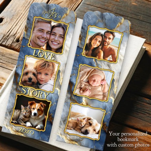 Blue Gold Veined Marble Photo Collage Love Story  Bookmarks
