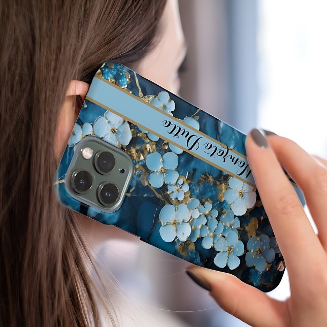 Blue  Gold Veins Agate Monogram iPhone Case (Creator Uploaded)