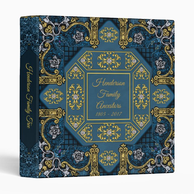 Blue Gold Vintage Antique Family Tree Album Binder (Front/Spine)