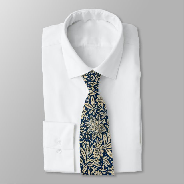 Blue & Gold Vintage Floral Pattern Neck Tie (Tied)