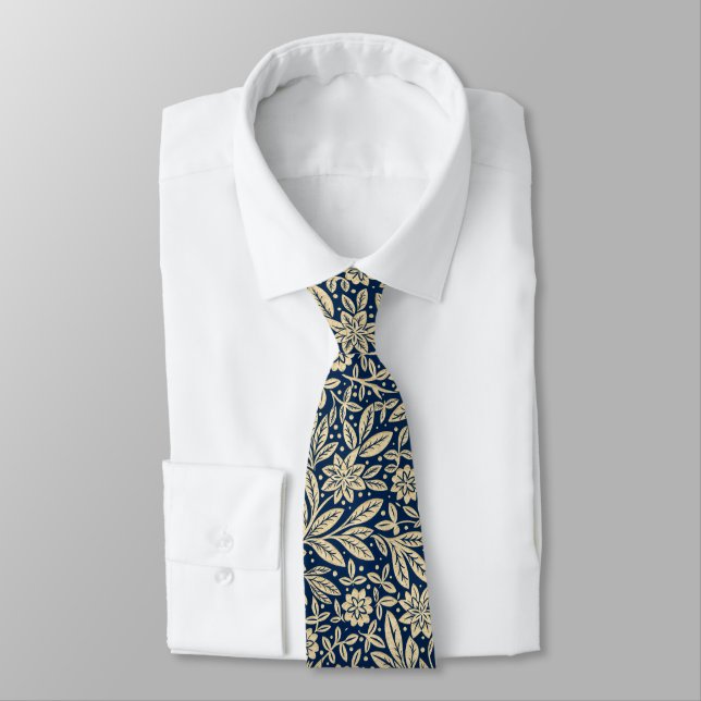 Blue & Gold Vintage Floral Pattern Neck Tie (Tied)