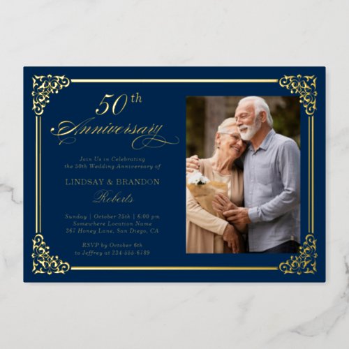 Blue Gold Vintage Frame Wedding Anniversary Photo Foil Invitation
