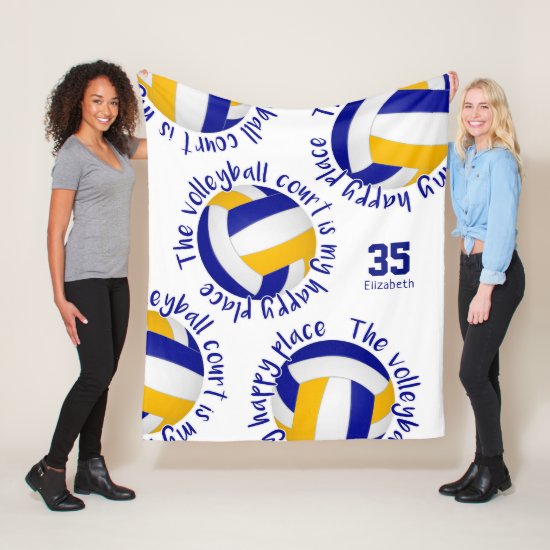 blue gold volleyball court happy place typography fleece blanket