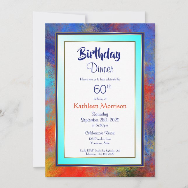 Blue Gold Watercolor 60th Birthday Dinner Invite (Front)