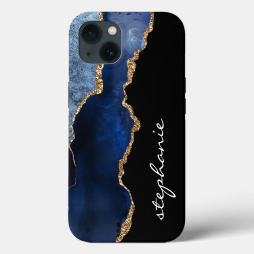  Blue Gold Watercolor Agate Personalized iPhone 13 Case