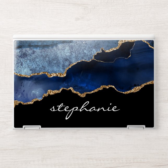 Blue Gold Watercolor Agate Personalized HP Laptop Skin (Front)