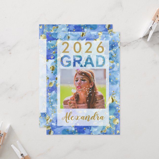 Blue Gold Watercolor Art 2026 Photo Graduation Invitation (Front/Back In Situ)