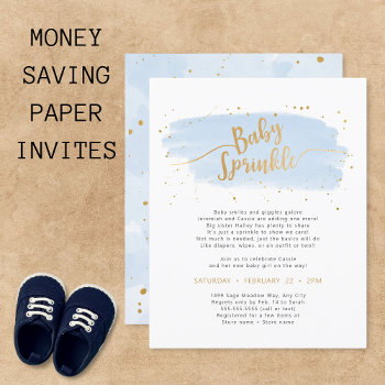 Blue Gold Watercolor Baby Sprinkle Paper Invite by lemontreecards at Zazzle