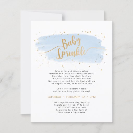 Blue Gold Watercolor Baby Sprinkle PAPER invite | Zazzle