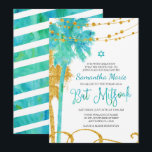 Blue Gold Watercolor Beach Bat Mitzvah Invitations<br><div class="desc">Modern blue and green watercolor with faux gold glitter tropical Bat Mitzvah invitations. Design features palm trees,  string lights and swirls. Designs are flat printed illustrations/graphics - NOT ACTUAL GOLD GLITTER.</div>