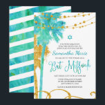 Blue Gold Watercolor Beach Bat Mitzvah Invitations<br><div class="desc">Modern blue and green watercolor with faux gold glitter tropical Bat Mitzvah invitations. Design features palm trees,  string lights and swirls. Designs are flat printed illustrations/graphics - NOT ACTUAL GOLD GLITTER.</div>