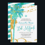 Blue Gold Watercolor Beach Bat Mitzvah Invitations<br><div class="desc">Modern blue and green watercolor with faux gold glitter tropical Bat Mitzvah invitations. Design features palm trees,  string lights and swirls. Designs are flat printed illustrations/graphics - NOT ACTUAL GOLD GLITTER.</div>