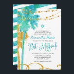 Blue Gold Watercolor Beach Bat Mitzvah Invitations<br><div class="desc">Modern blue and green watercolor with faux gold glitter tropical Bat Mitzvah invitations. Design features palm trees,  string lights and swirls. Designs are flat printed illustrations/graphics - NOT ACTUAL GOLD GLITTER.</div>