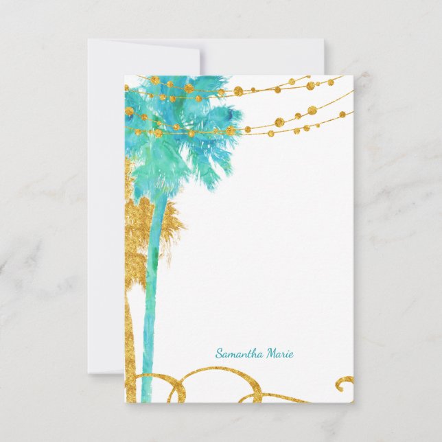 Blue Gold Watercolor Beach Thank You Card (Front)