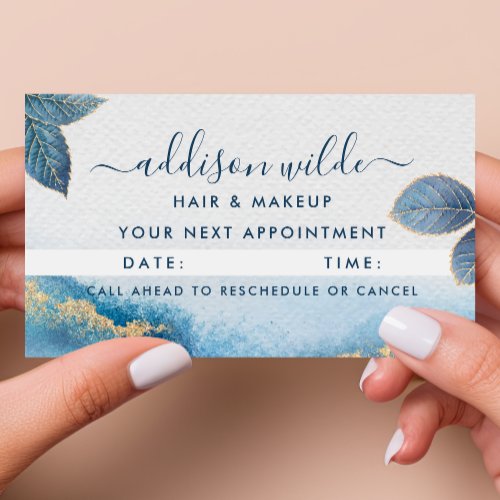 Blue Gold Watercolor Botanical Leaves Abstract Appointment Card